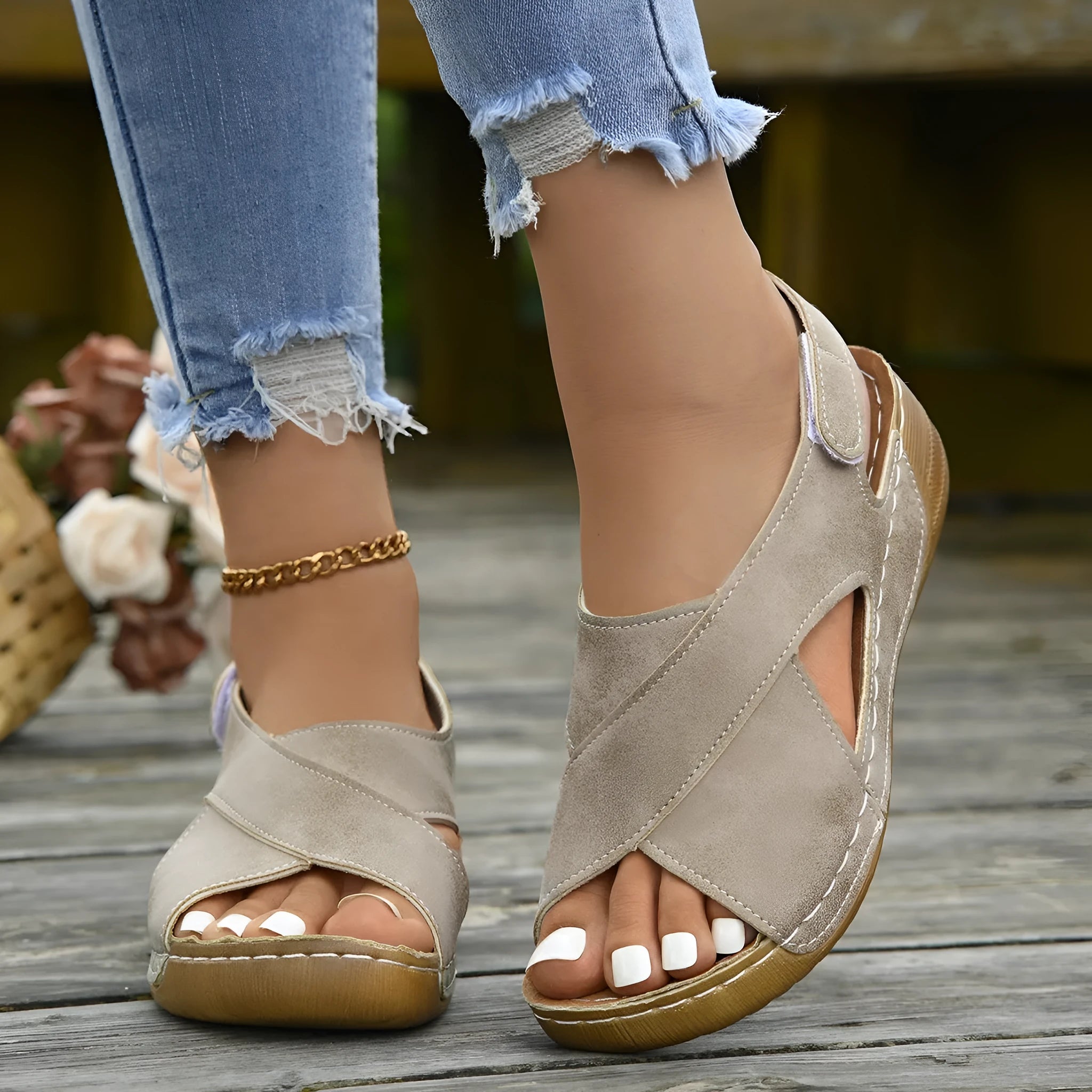 Roman platform sandals with skirt detail and Velcro fastening in neutral colours