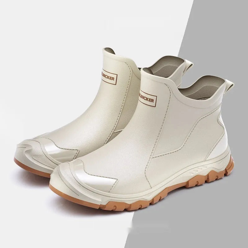Men's non-slip flat short rubber boots in PVC material showing beige and black colour options