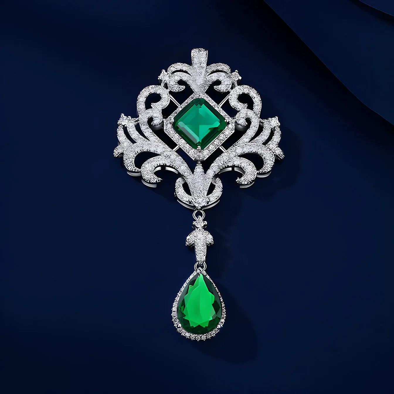 Emerald crystal hollow-out court-style brooch for women, alloy crown shape with tassel, 7x4cm, palace style green