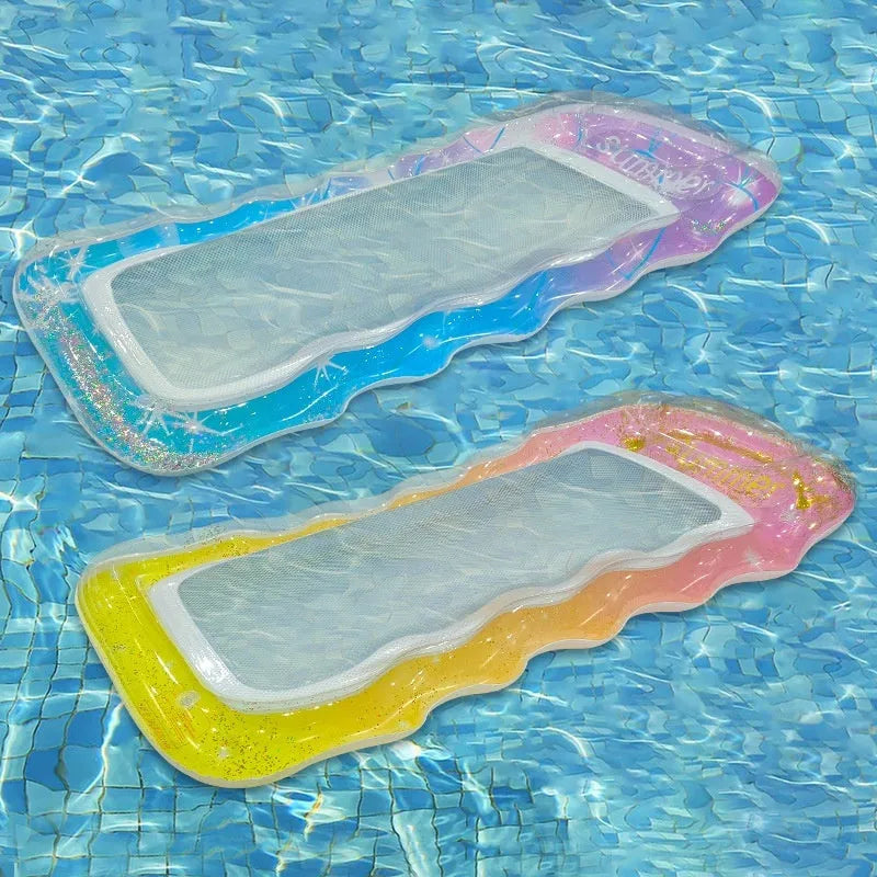 PVC inflatable floating row pool lounge in gradient sequin blue-purple wave design with canopy