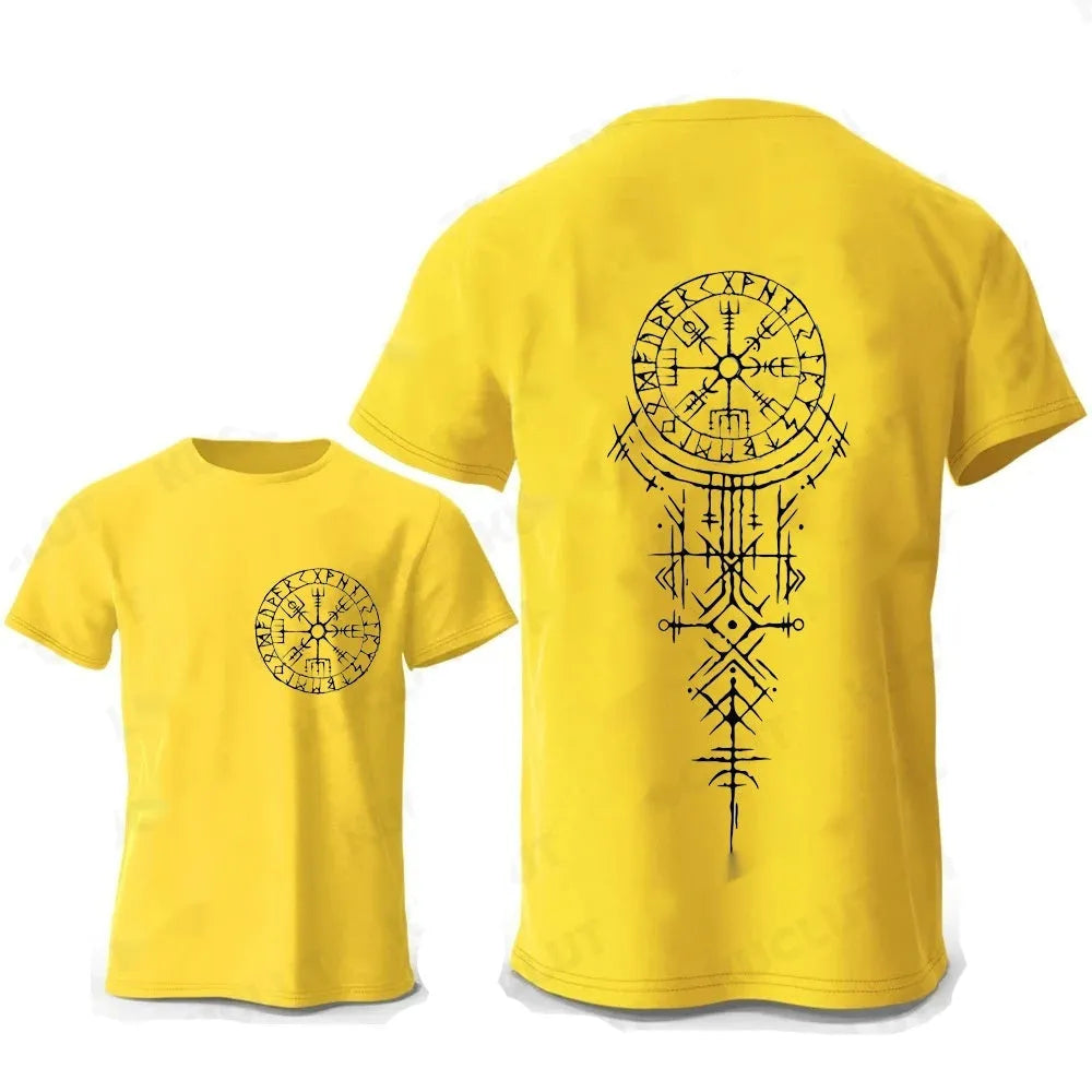 Men's grey T-shirt with a detailed Viking rune compass graphic printed on the chest.