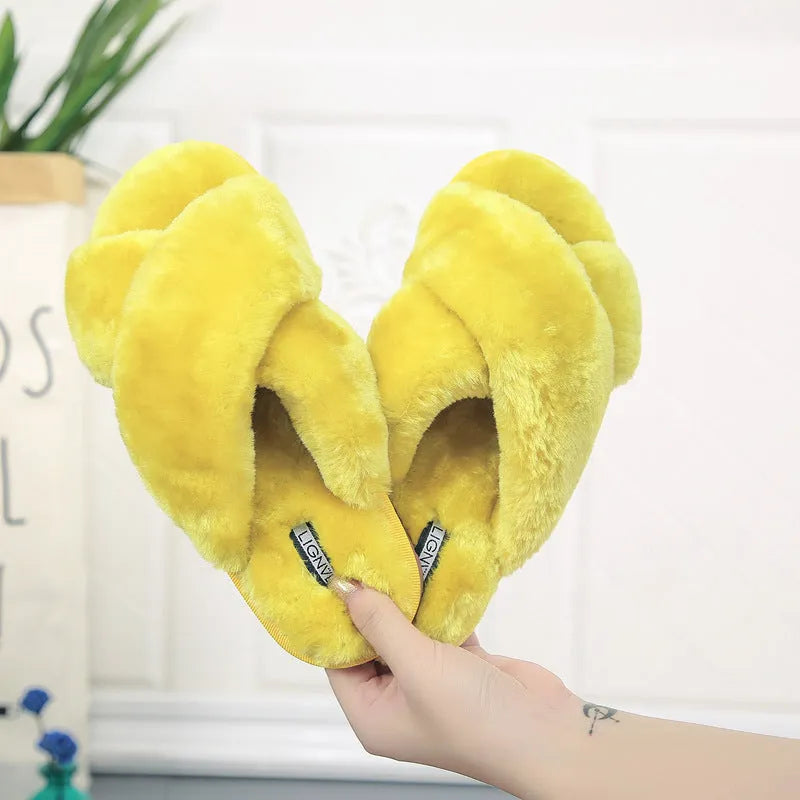 Cross open-toe fur slippers in black on a patterned non-slip sole