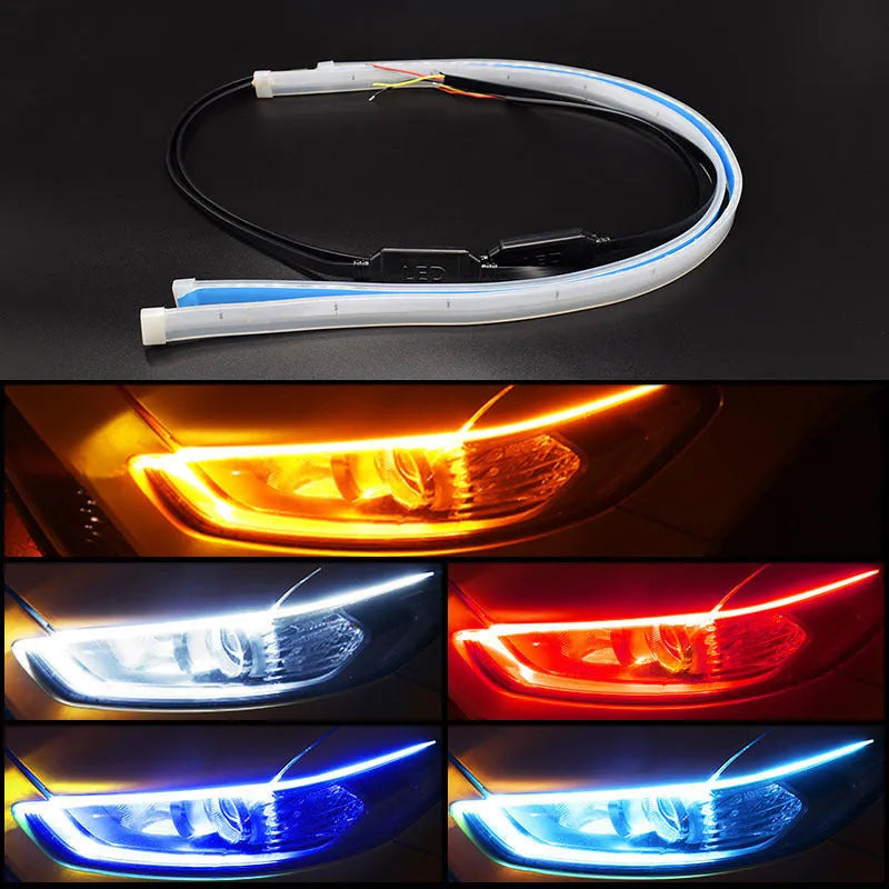 Flexible silicone car LED daytime running light strip with flowing turn signal animation mounted on headlight.