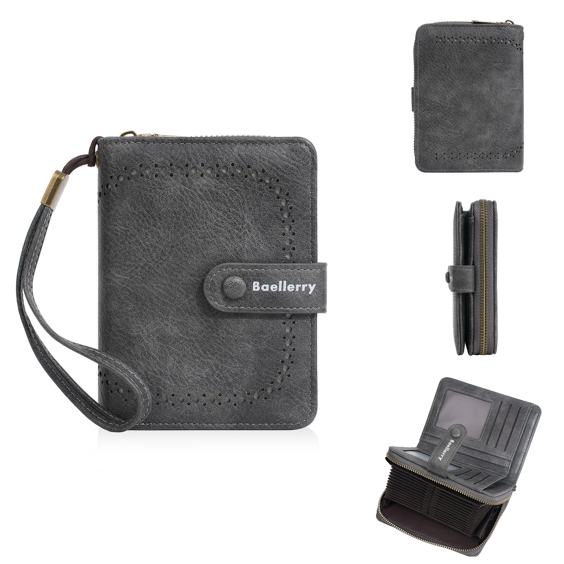 Women's black PU zipper coin purse showing integrated card slots and compact design