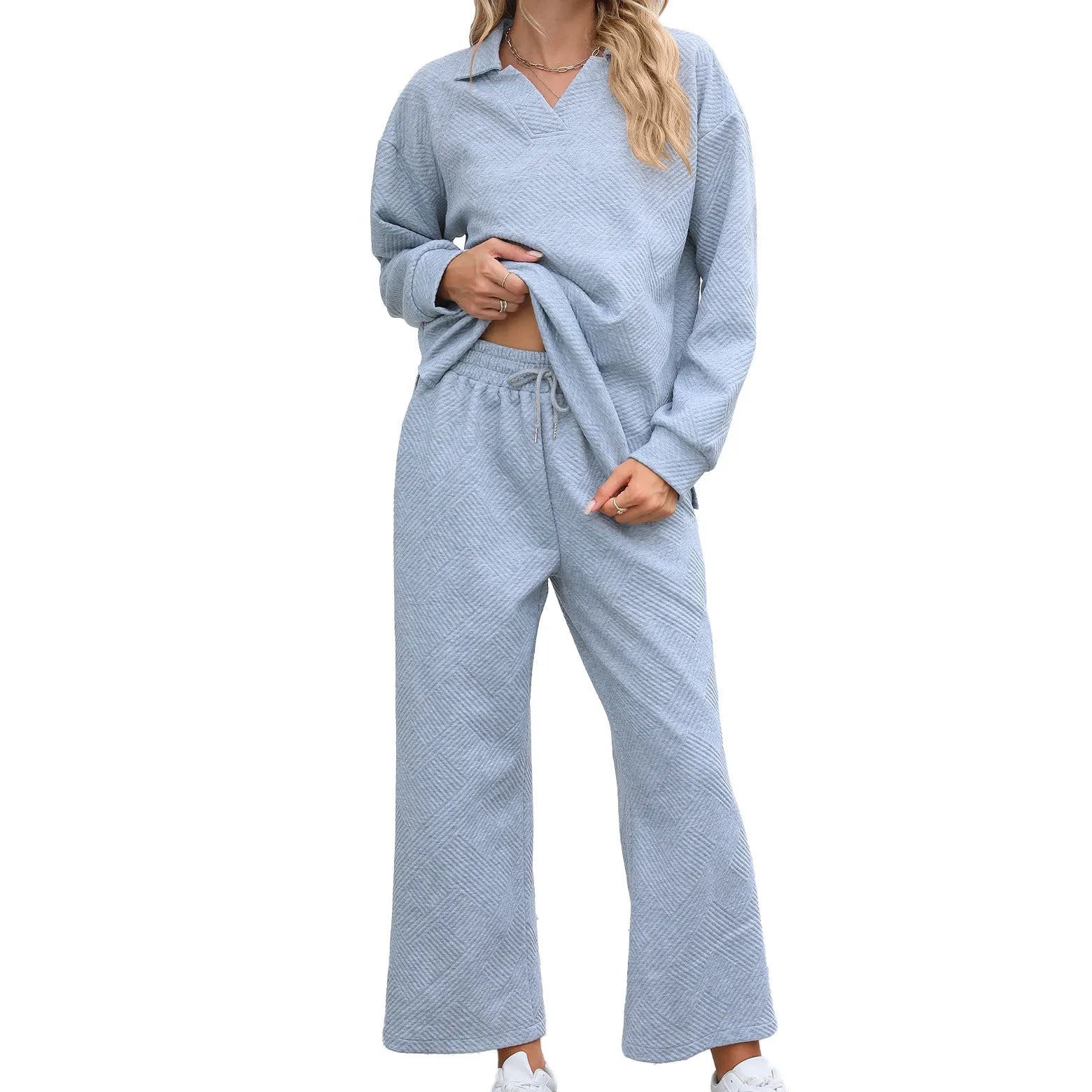 Women's solid colour knitted jacquard sweater and elastic waist pants suit in urban style