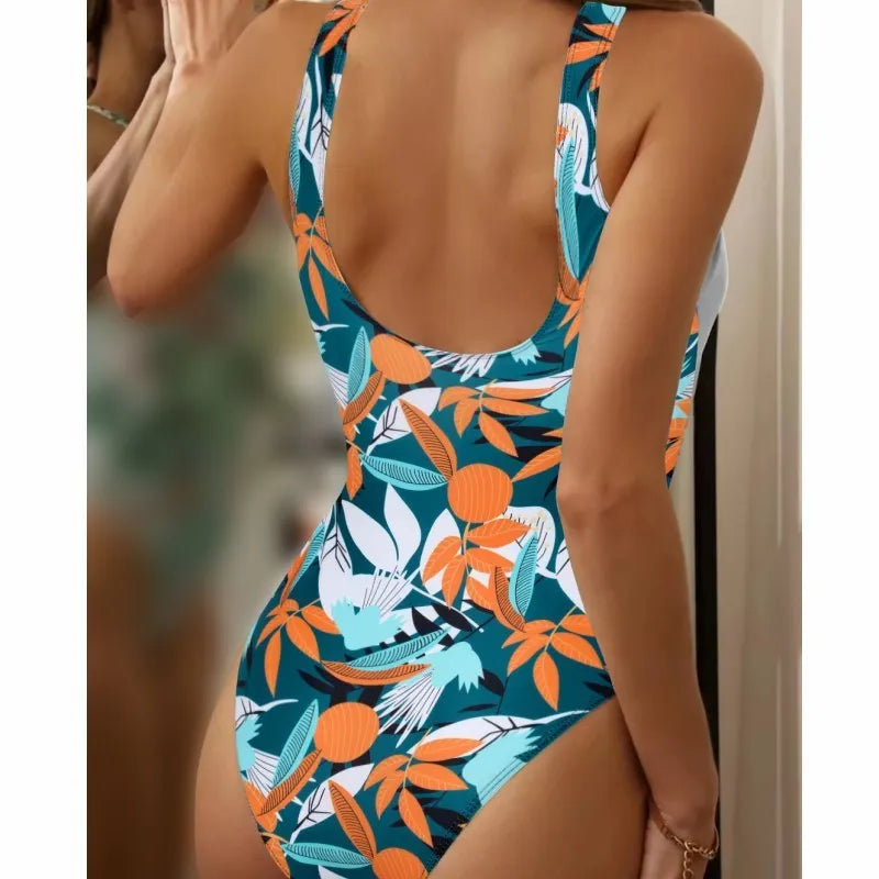 Women's high-waist one-piece bikini swimsuit with printed pattern design