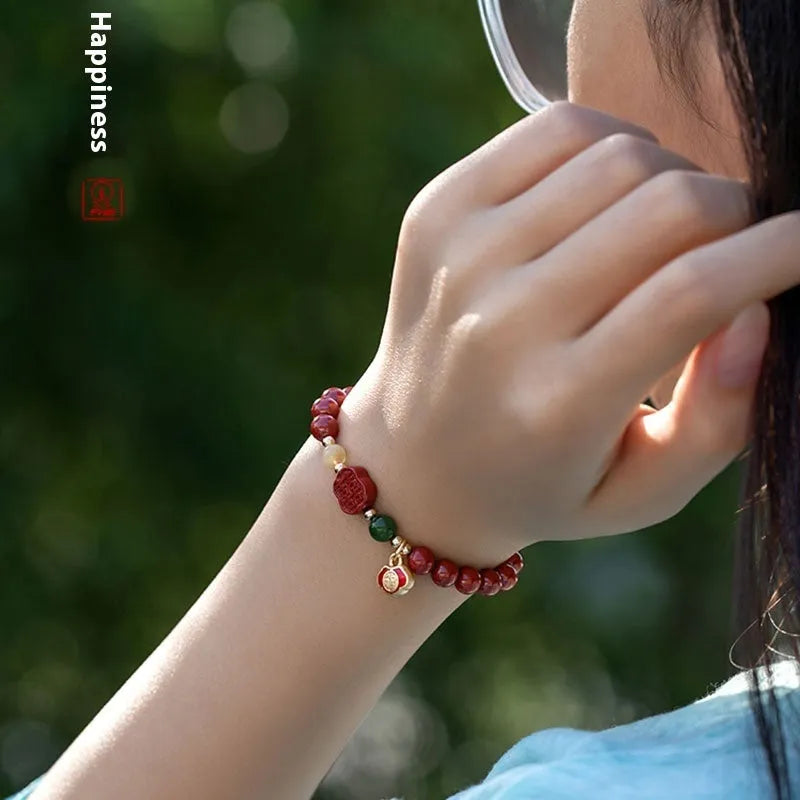 Happy Eyebrow Bracelet with raw emperor sandstone beads and fu character in New Chinese style