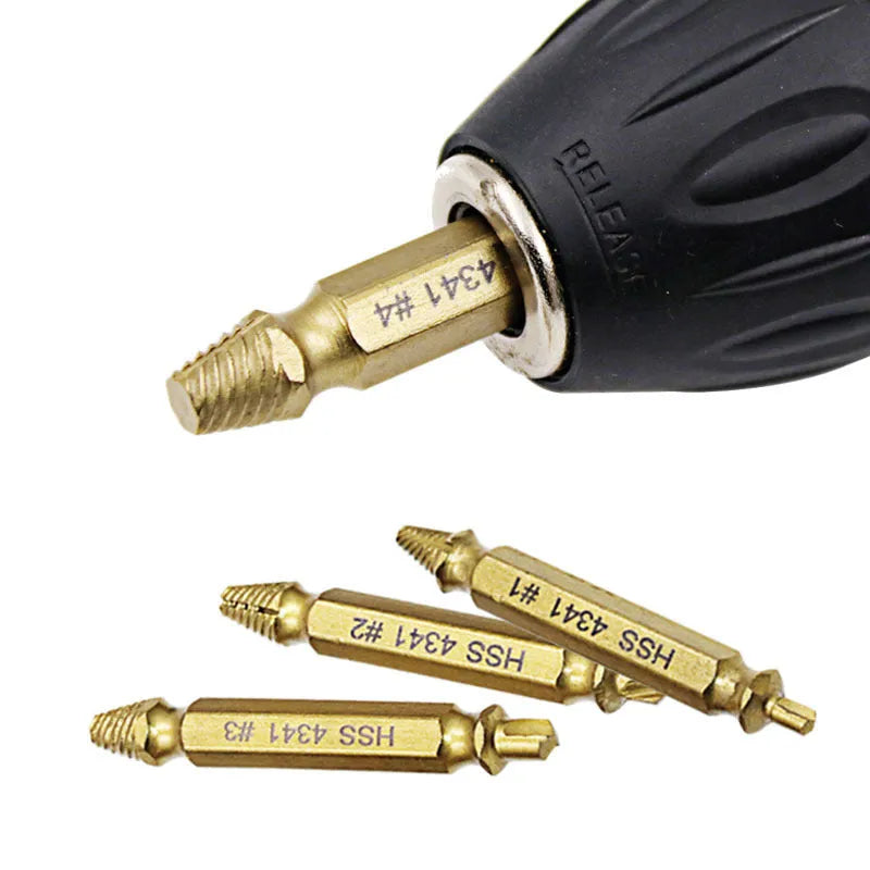 4341 high-speed steel screw extractor set with five tools for removing stripped screws and nails.