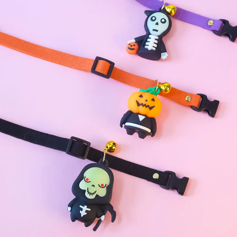 Halloween pet collar decoration with cartoon pattern in three designs including luminous options, sized XS to L for dogs and cats
