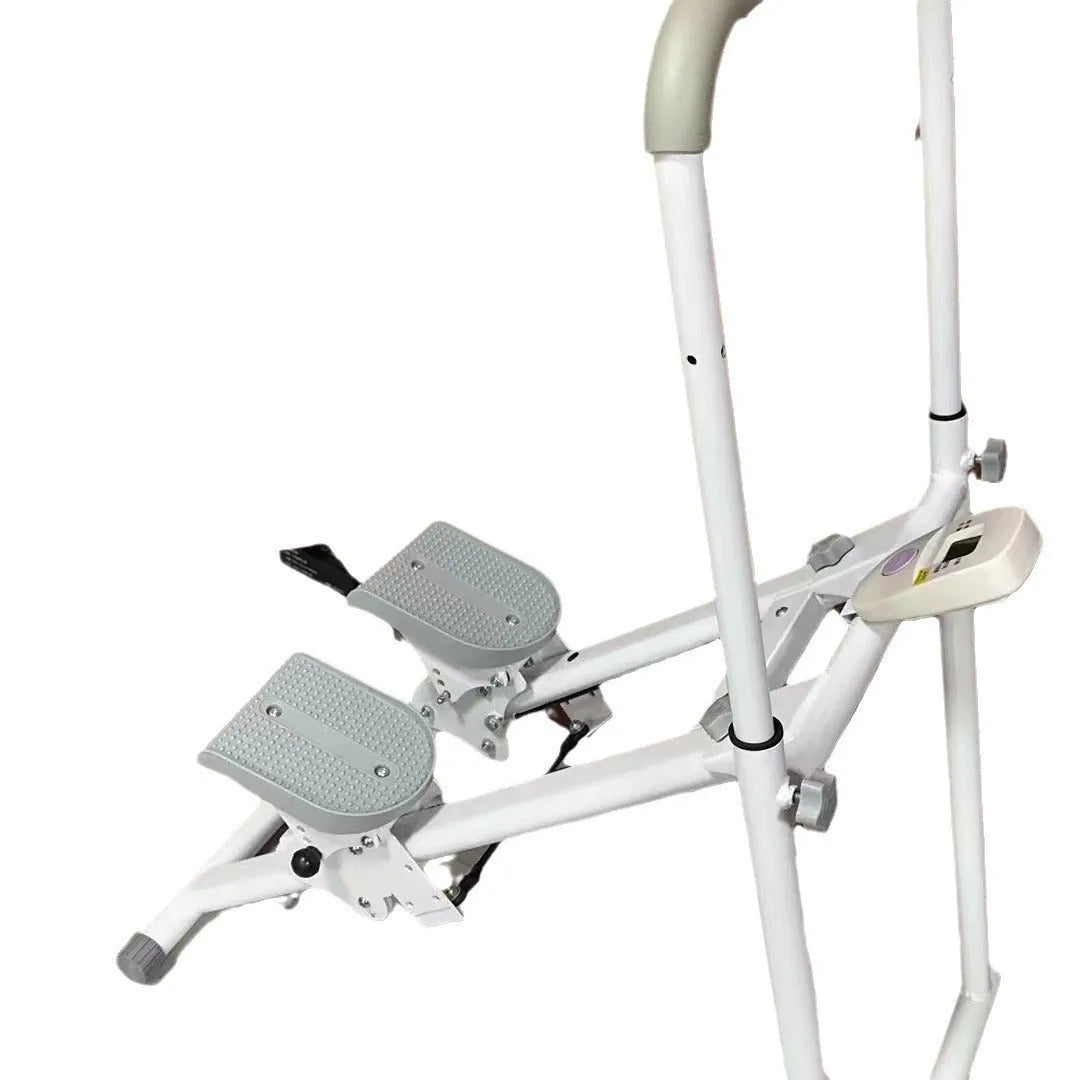 White foldable treadmill with integrated climbing frame for home fitness exercises