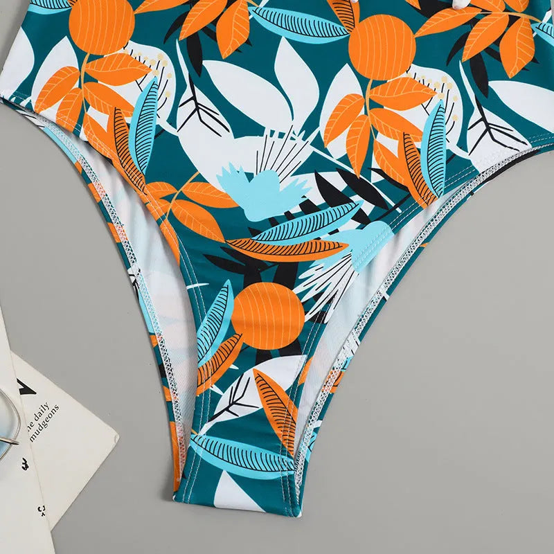 Women's high-waist one-piece bikini swimsuit with printed pattern design