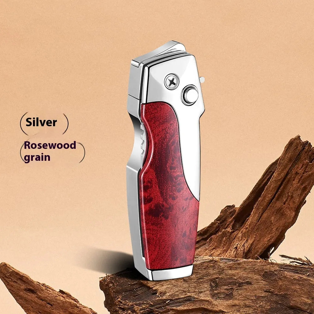 Zinc alloy folding knife and jet lighter multi-tool in black with wood grain finish, showing closed position.