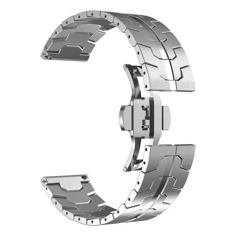 Stainless steel watch band for Samsung Galaxy Watch showing silver and black colour options with universal lug connectors