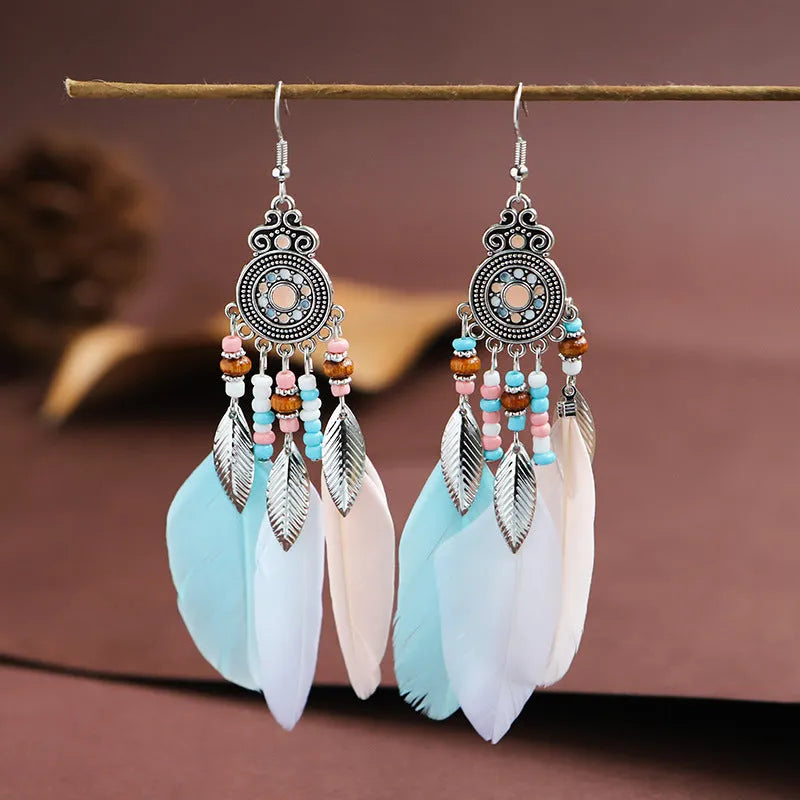 Round drop feather earrings with leaf pattern in Bohemian style, electroplated alloy in various colour options
