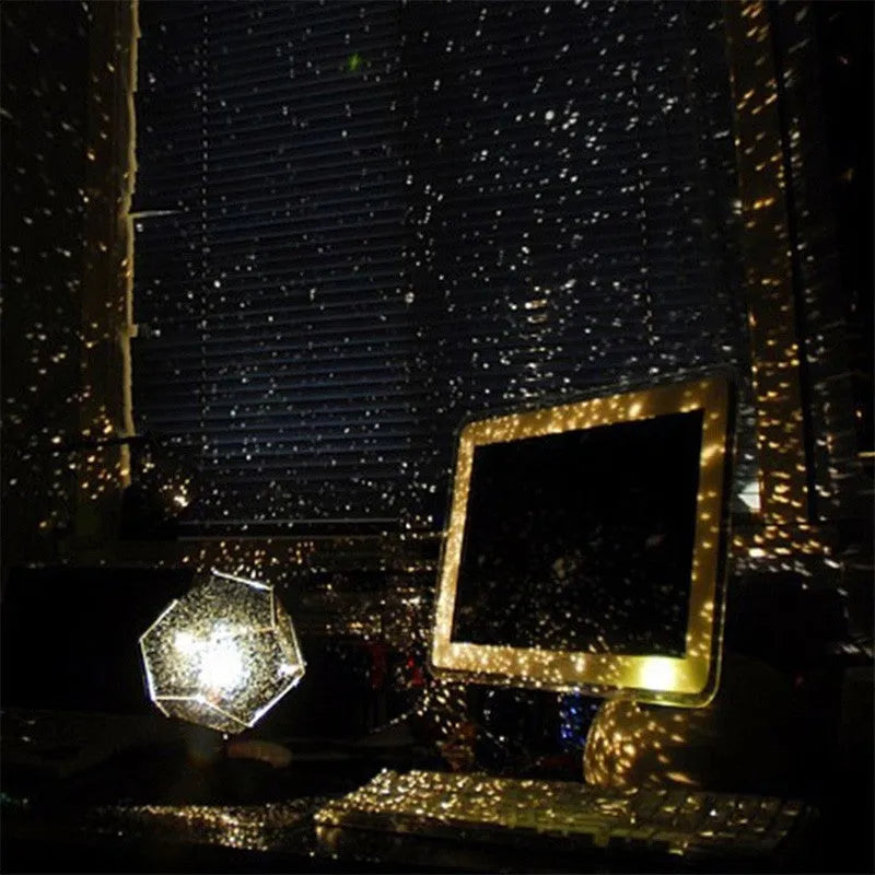 LED star projector showing constellation projection on bedroom ceiling with remote control