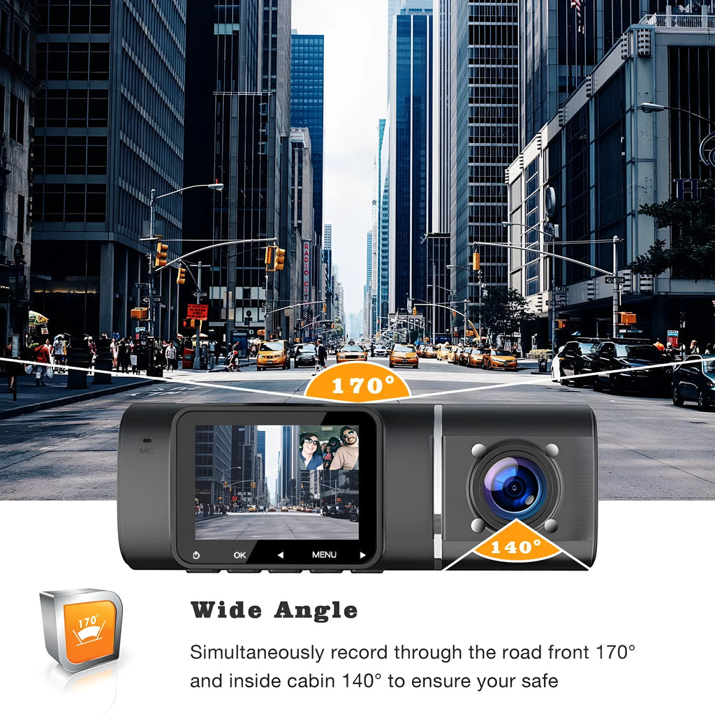 Black dual-channel dashcam car camera with front and rear recording for vehicle security