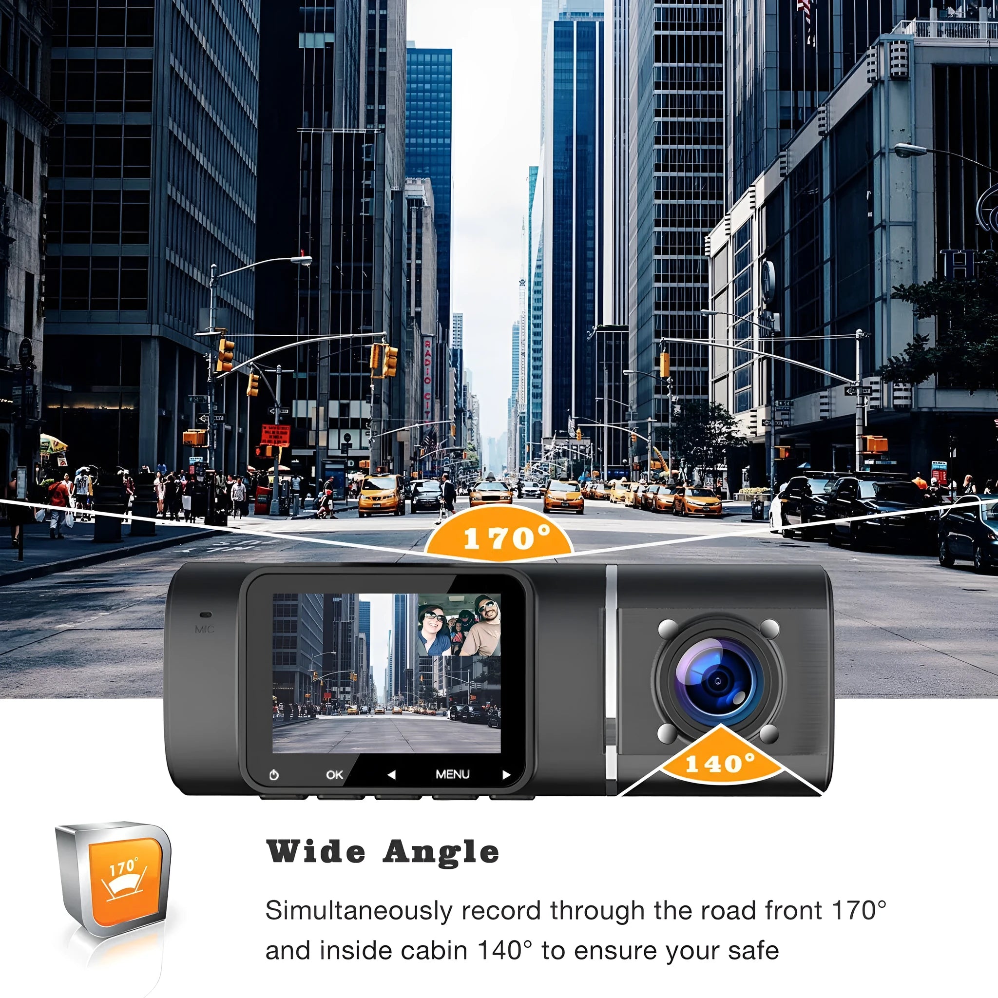 Black dual-channel dashcam car camera with front and rear recording for vehicle security