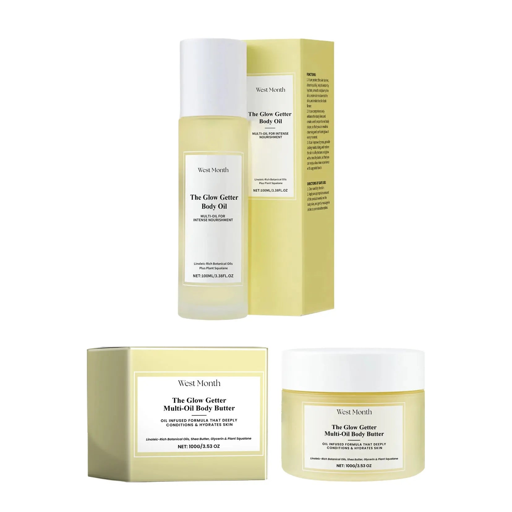 Body care kit with 100ml skincare oil bottle and 100g moisturising cream jar for nourishing and firming skincare