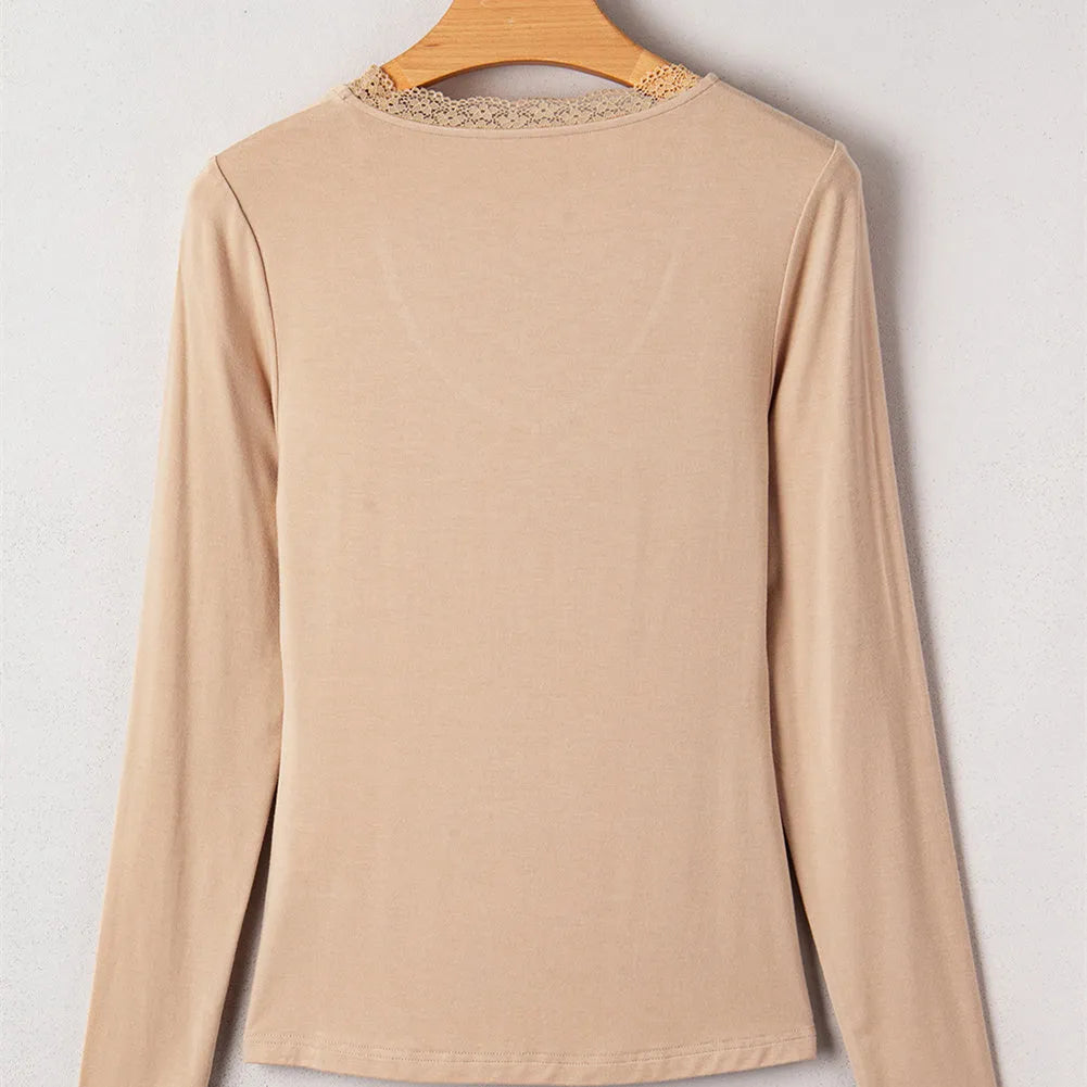 Red women's slim fit long sleeve casual top with lace trim detail on the sleeves.