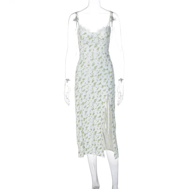 Lace flowers print long dress with front slit and suspender straps in solid colour options