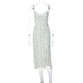 Lace flowers print long dress with front slit and suspender straps in solid colour options