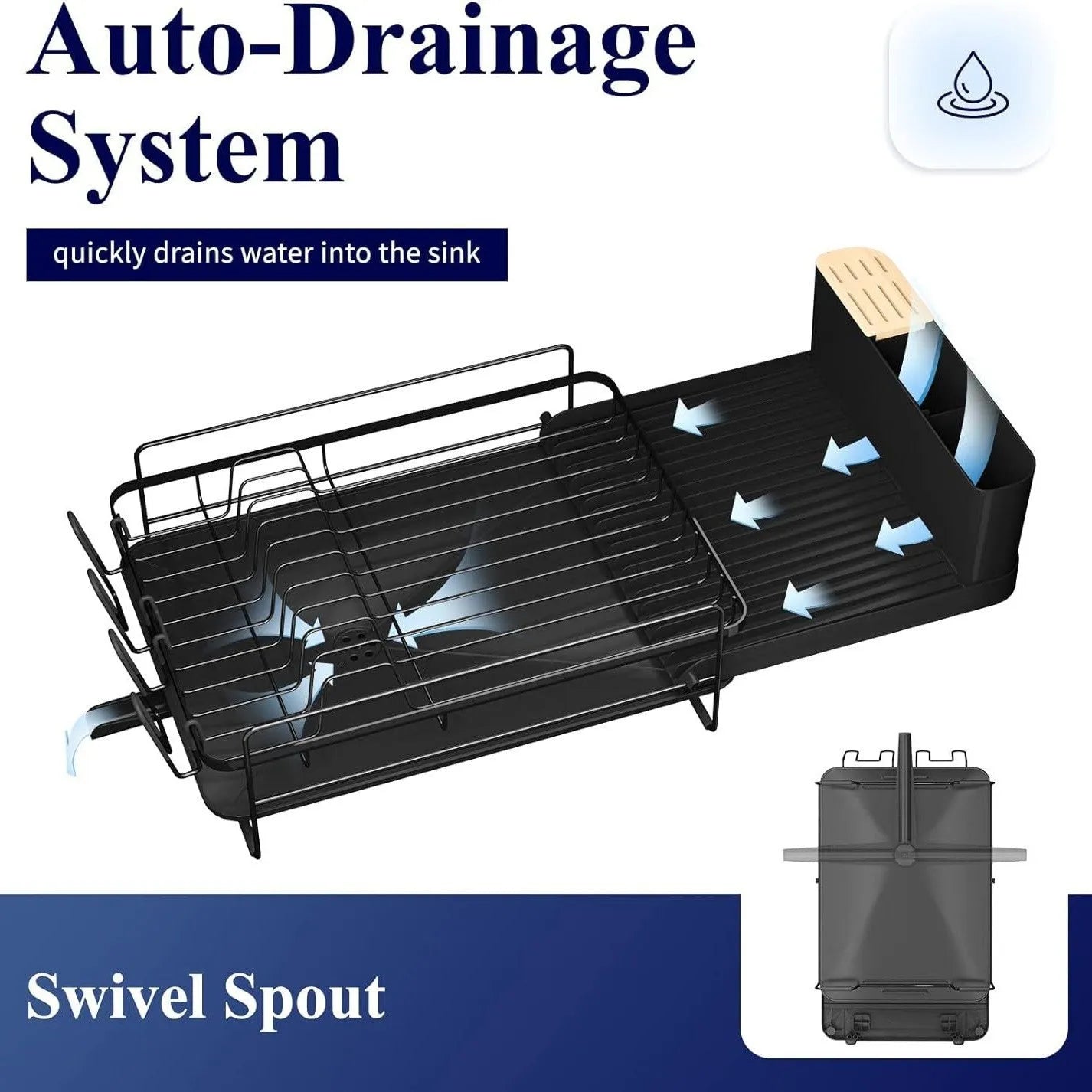 Retractable carbon steel kitchen dish drain rack for knives and forks on a countertop.