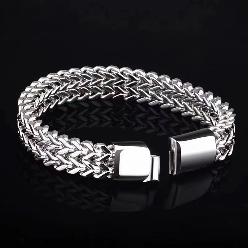 Silver geometric men's titanium steel bracelet shown in 4x8mm and 5x10mm styles.