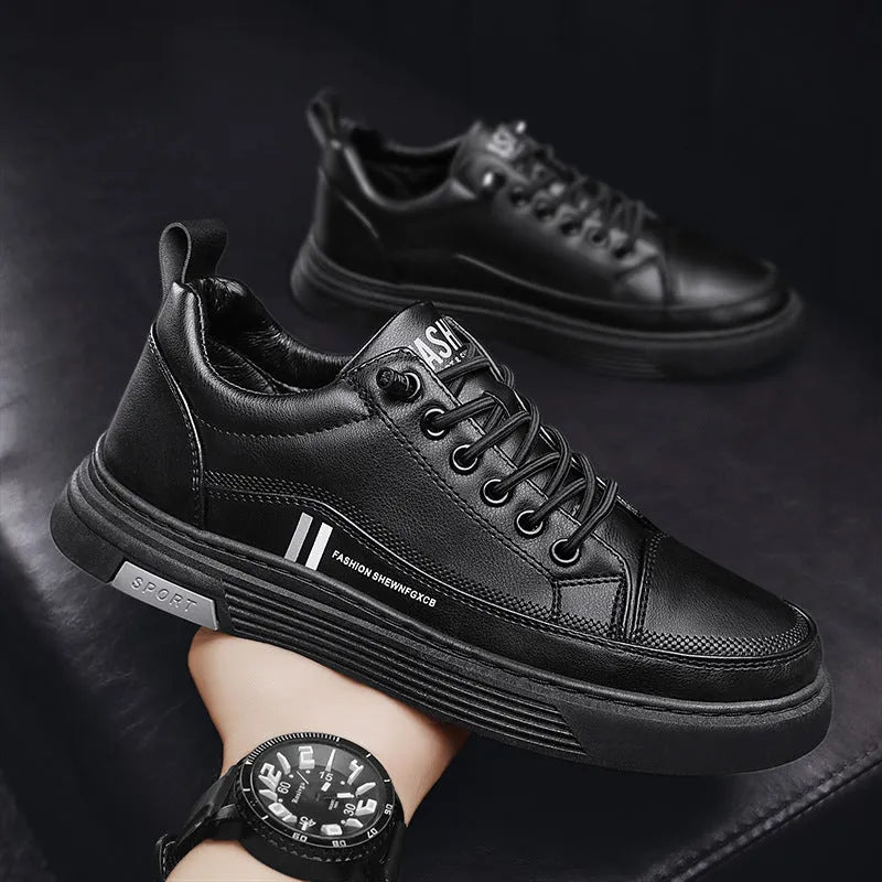 Men's white and black microfiber skateboard shoes with elastic band and rubber sole