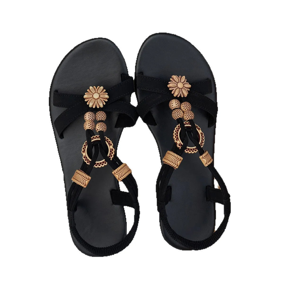 Black women's ethnic style beach sandals with woven beading and rhinestone decoration on elastic band