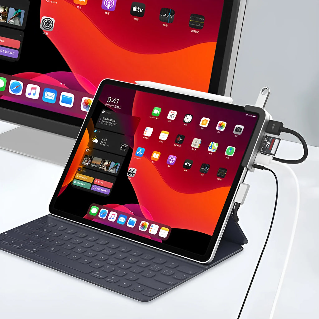 Silver aluminium grey USB-C 6-in-1 docking station for iPad Pro tablets