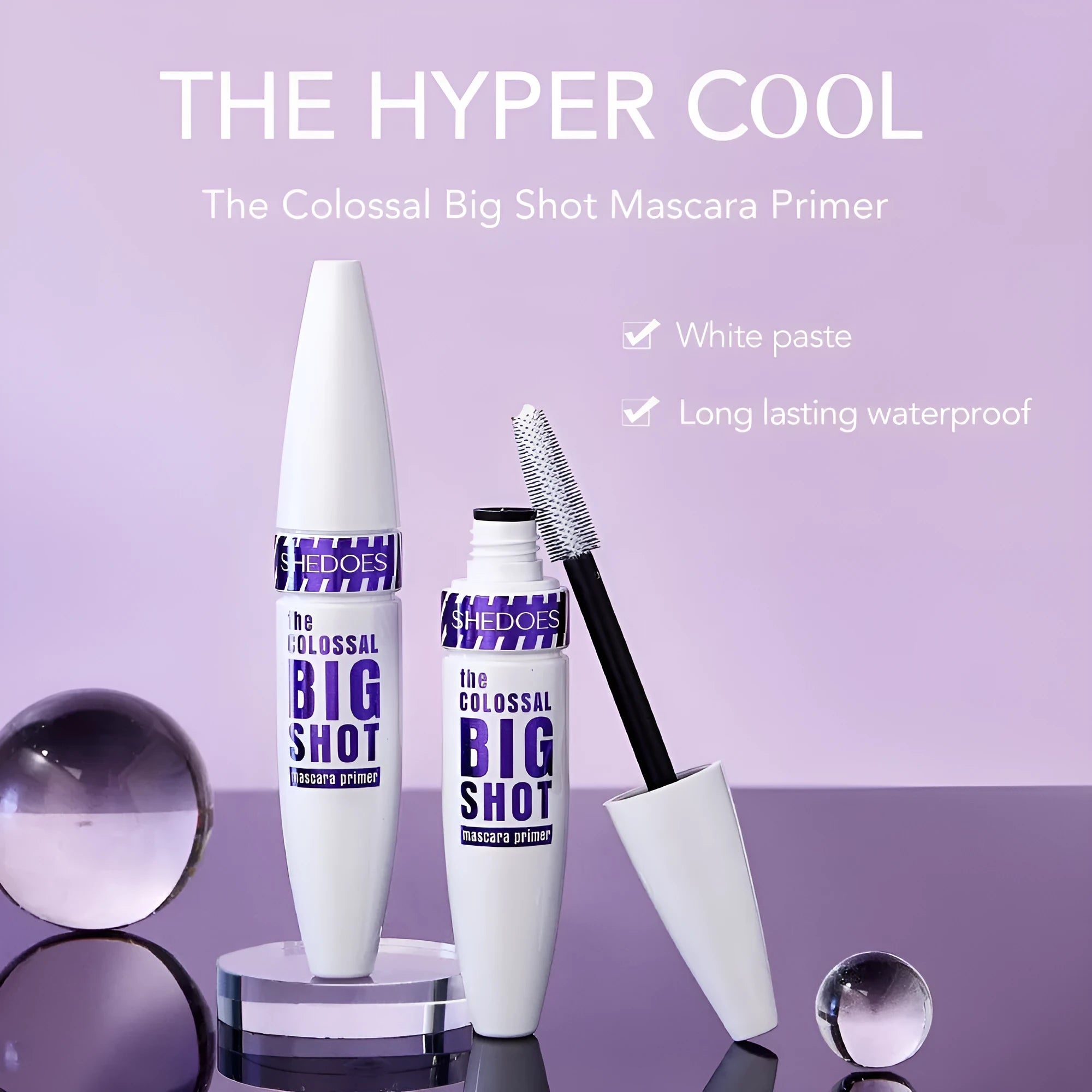 White waterproof curling mascara with 10ml volume and sweat-resistant properties