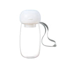 Portable pet water bottle with lanyard in 300ml size, blue colour, showing dispensing bowl section