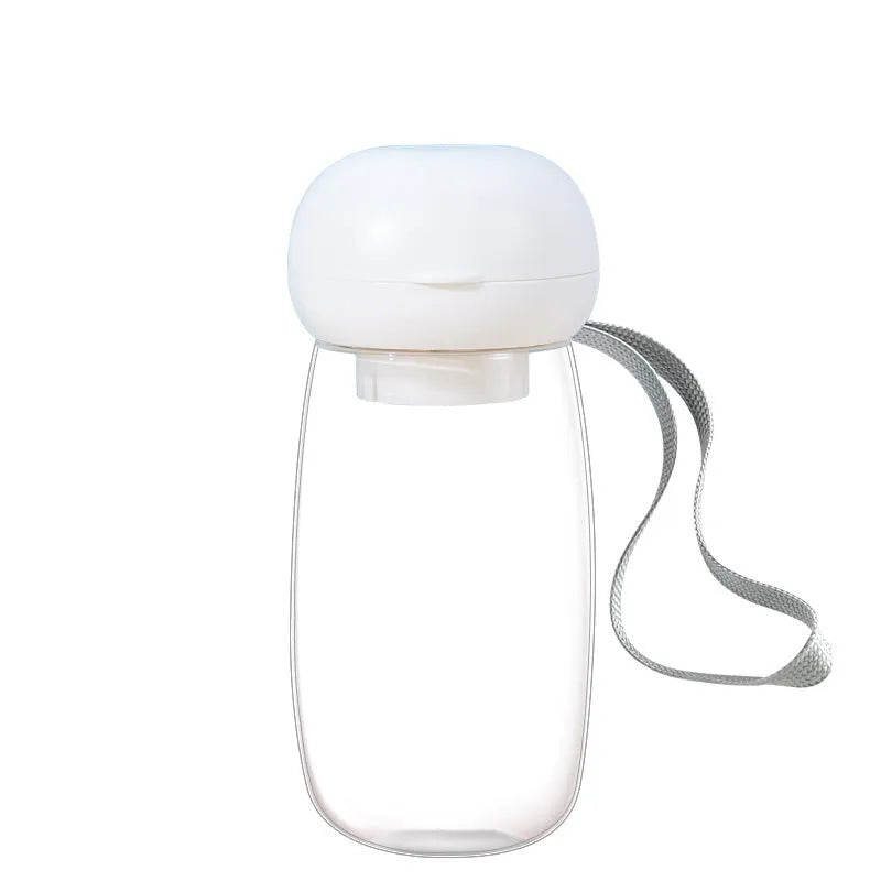 Portable pet water bottle with lanyard in 300ml size, blue colour, showing dispensing bowl section