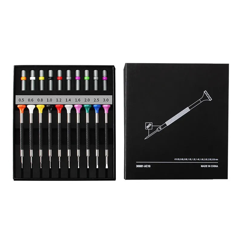 Precision manual screwdriver set for watch and glasses repair with 10 drivers and 20 spare bits