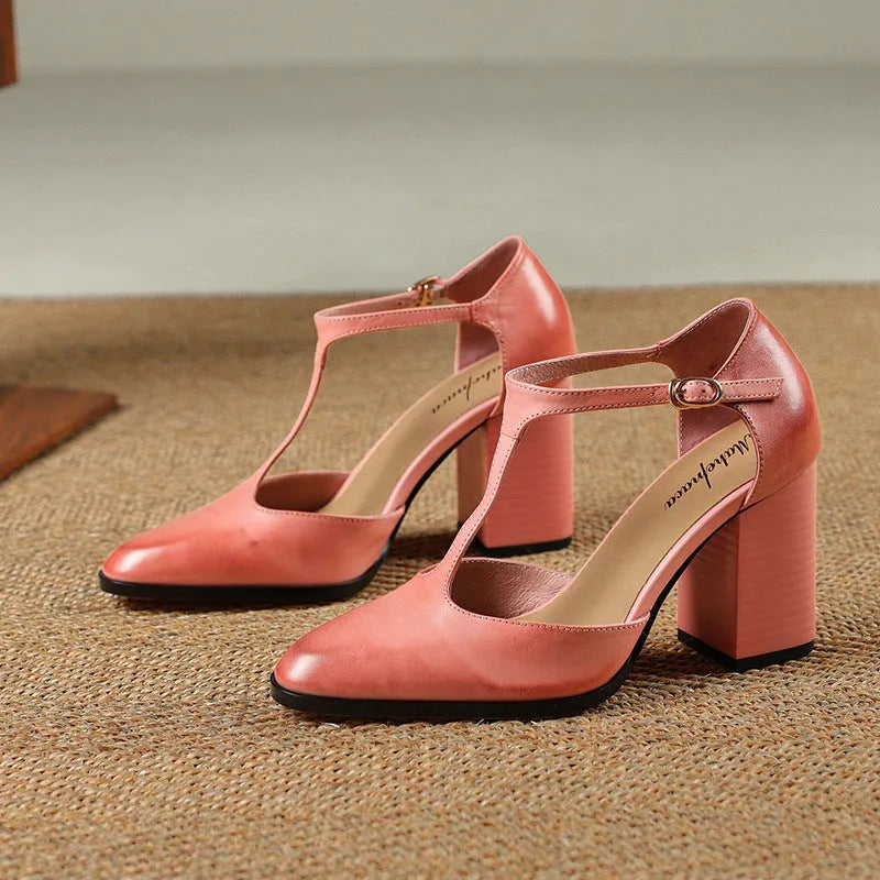 Baotou women's retro pointed-toe Mary Jane shoes in dark brown with a buckle fastening.