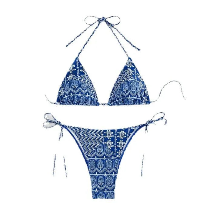 Women's split bikini swimsuit with bandage style and contrast stitching in polyester fabric