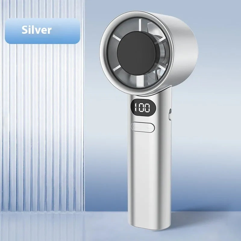 USB-powered handheld fan with variable speed control in green, silver, khaki, or white colour.