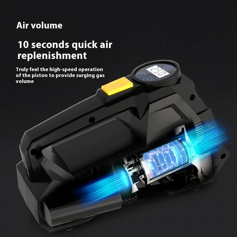 Black portable car tyre inflator with digital display for 12V vehicle operation