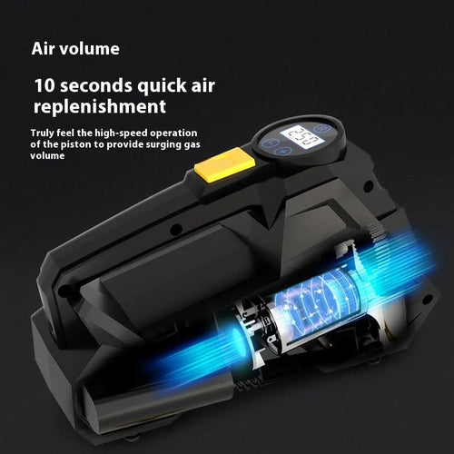 Black portable car tyre inflator with digital display for 12V vehicle operation