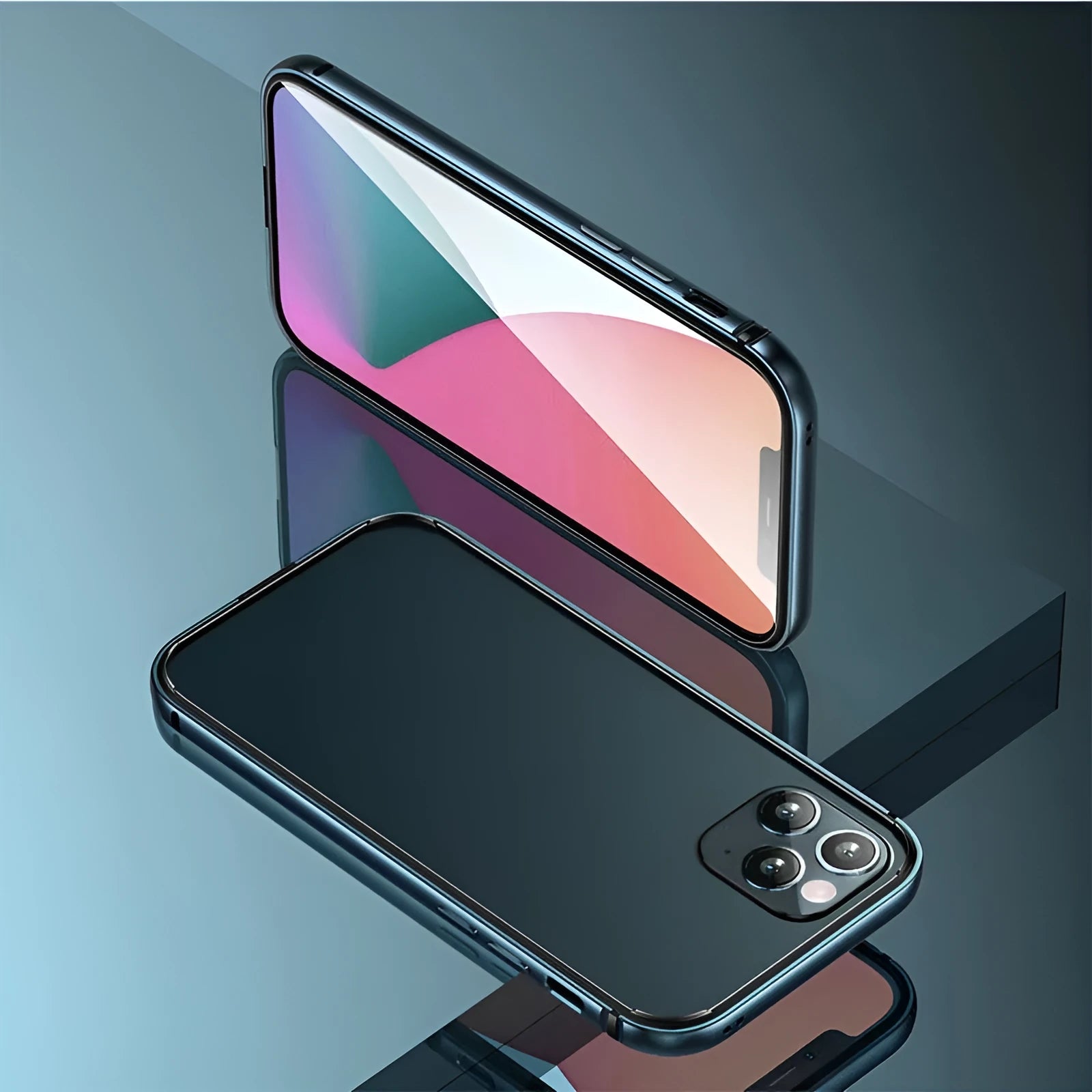 Red border silver frame metal phone case for iPhone 12 showing shockproof all-edge coverage
