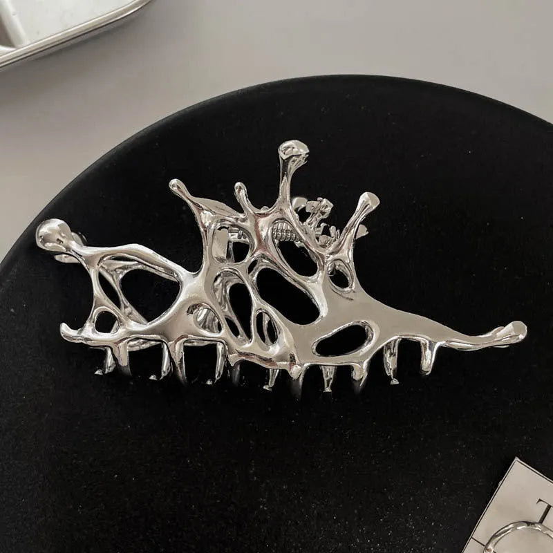 Silver metal hair barrette claw clip with electroplated finish and decorative design