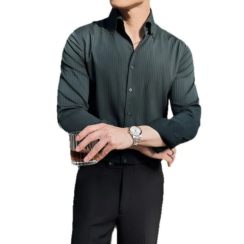 Men's striped V-neck long sleeve casual shirt in a cardigan style, shown in multiple colours.