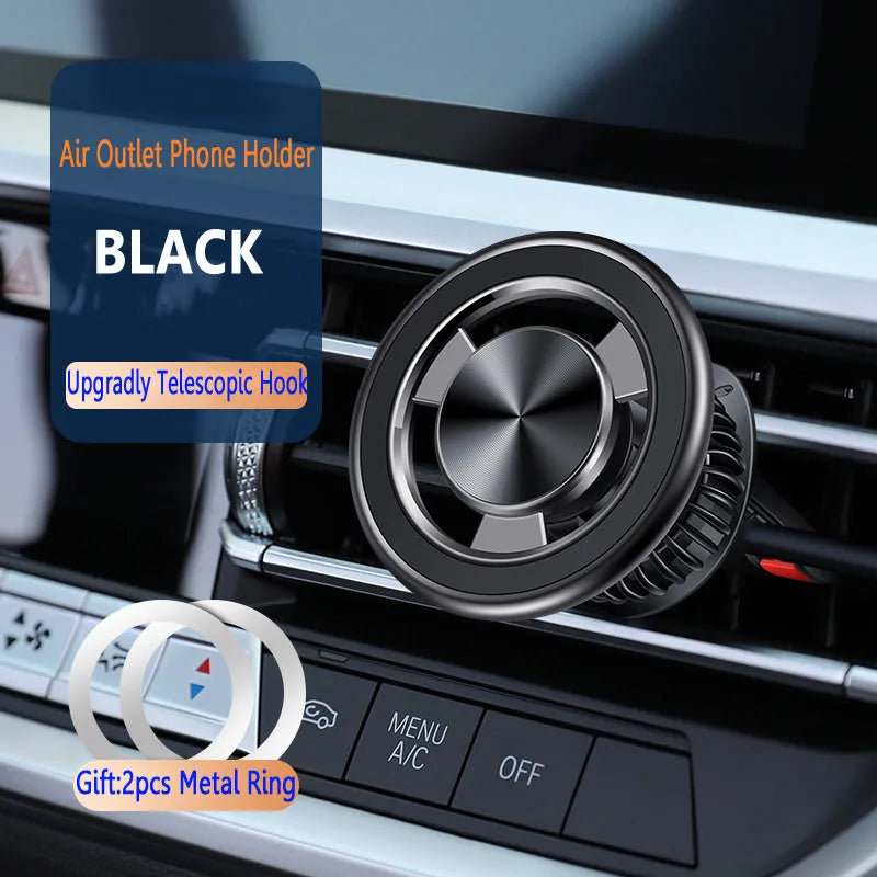 Magnetic air vent phone holder with black bracket mounted on car dashboard