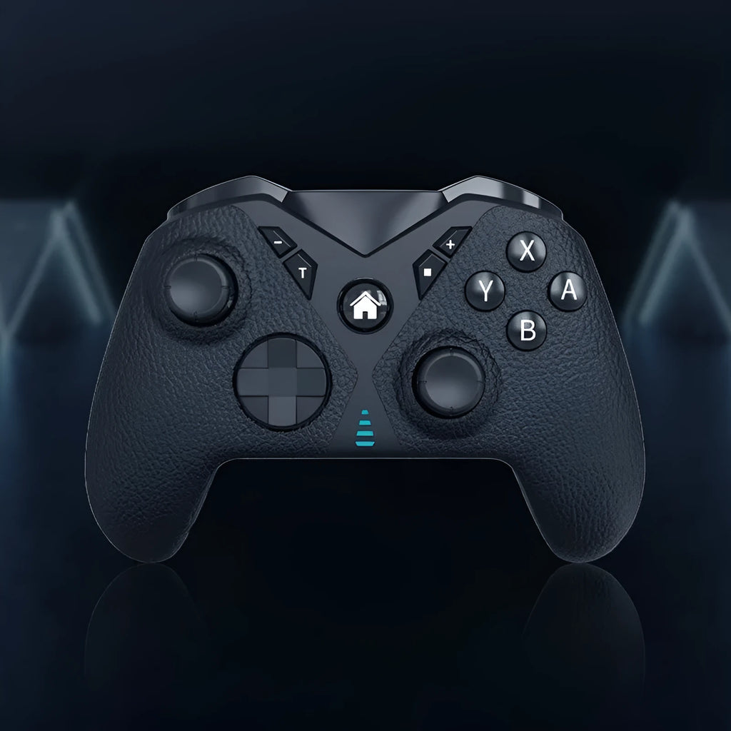 Black wireless game controller with leather pattern grip for Nintendo Switch and mobile devices.