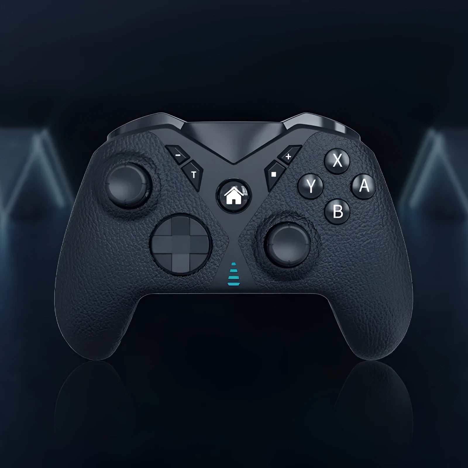 Black wireless game controller with leather pattern grip for Nintendo Switch and mobile devices.