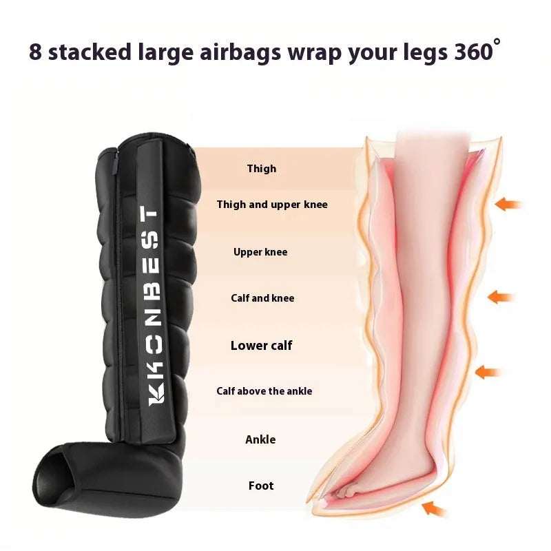 Eight-cavity air wave leg massage machine in black with leg guard and host unit