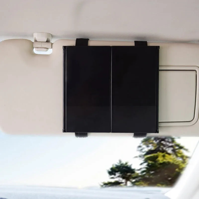 Silver folding car visor grooming mirror shown open and closed, made from ABS and glass.