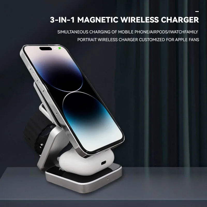 Foldable three-in-one wireless charging bracket for Apple, Samsung phones, and Google Pixel Watch on a desk.