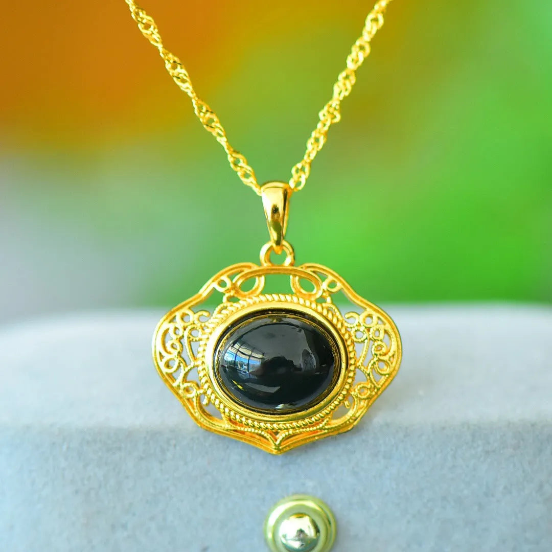 Flat geometric Hetian jade pendant with copper inlay on a necklace chain.