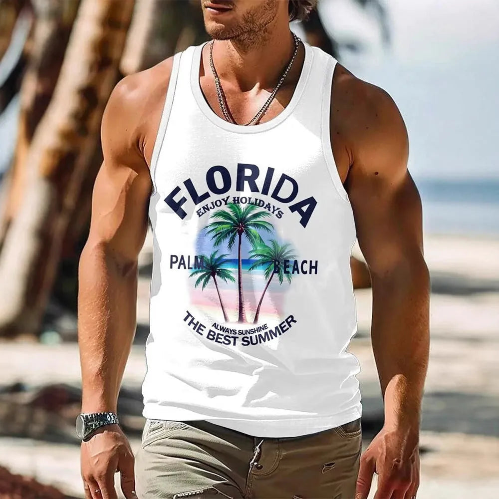 Men's 3D printed Hawaiian style sleeveless vest in solid colour with comprehensive sizing options